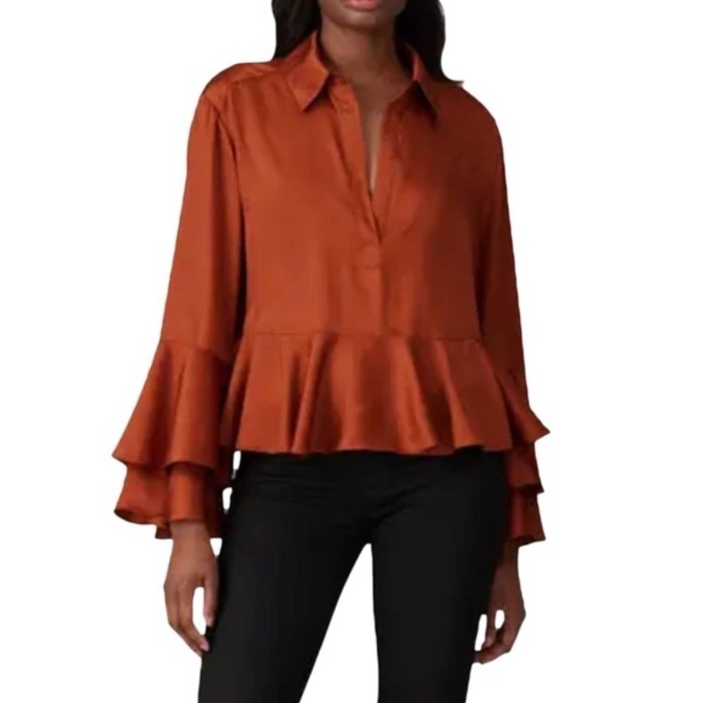 Cinq a Sept Kirin Top Blouse Burnt Orange Bell Sleeves Ruffle Hem